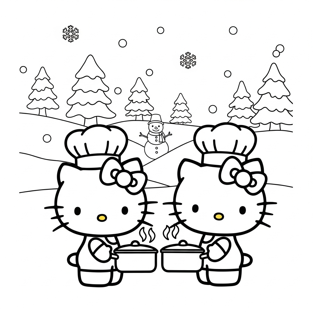 Desenho de Hello Kitty para colorir cozinhando com chapéu de chef entre pinheiros nevados