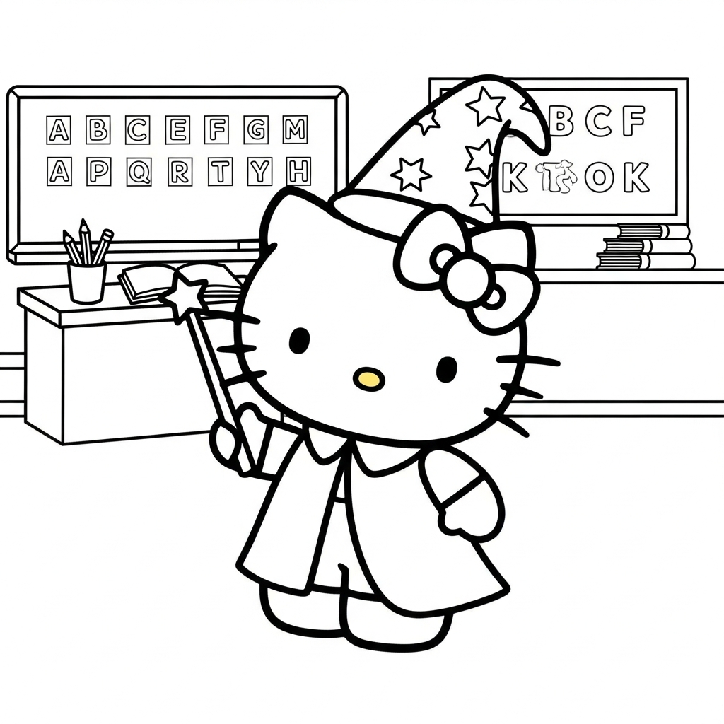 Desenho de hello kitty para colorir usando chapéu de mago com varinha na sala de aula com lousa