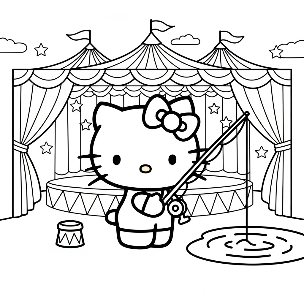 Desenho de hello kitty para colorir pescando com vara em circo com tenda