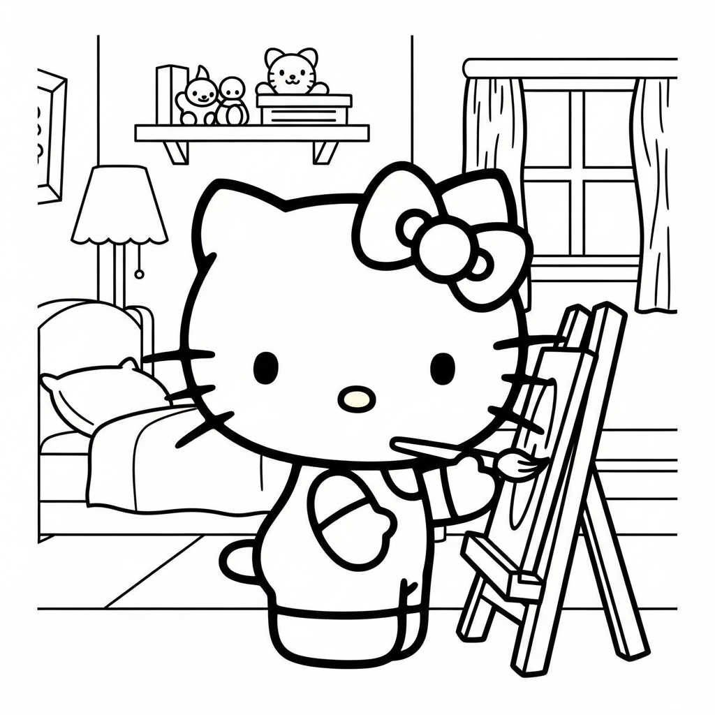 Desenho de Hello Kitty para colorir pintando em cavalete no quarto com cama e brinquedos.