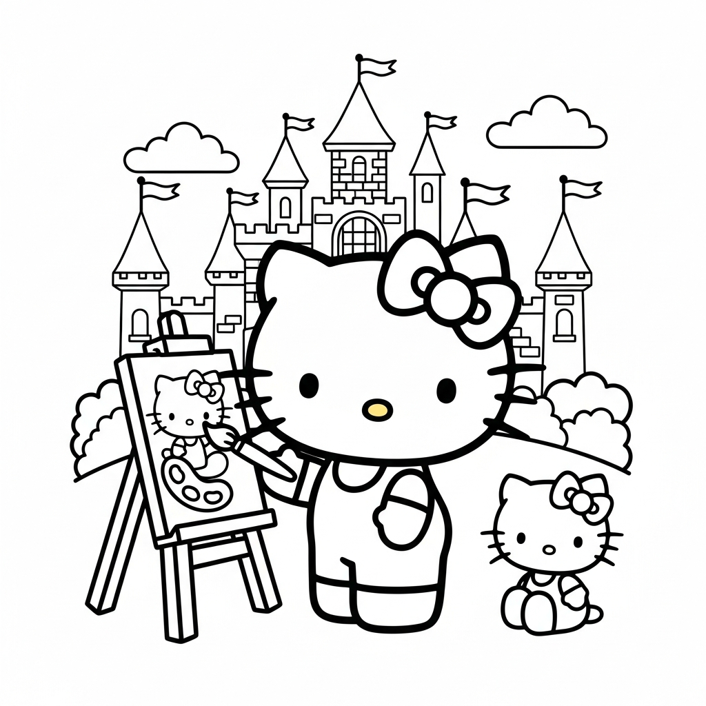 Desenho de Hello Kitty para colorir pintando em cavalete diante de castelo encantado
