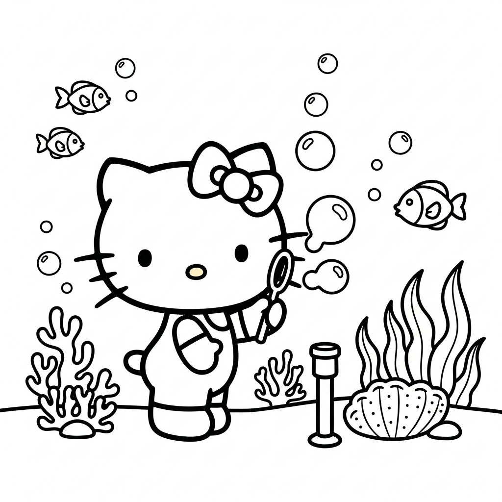 Desenho de Hello Kitty para colorir fazendo bolhas no fundo do mar.