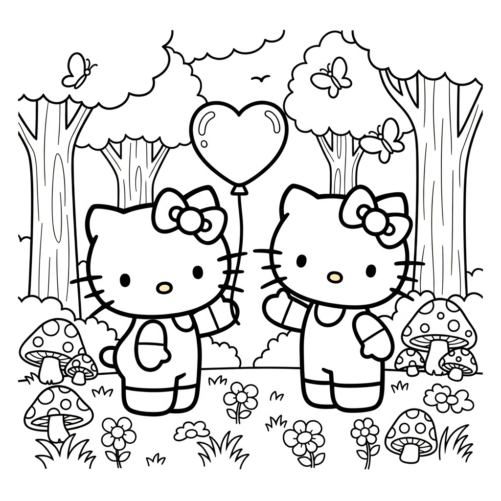 Desenho de Hello Kitty para colorir segurando balão de coração na floresta