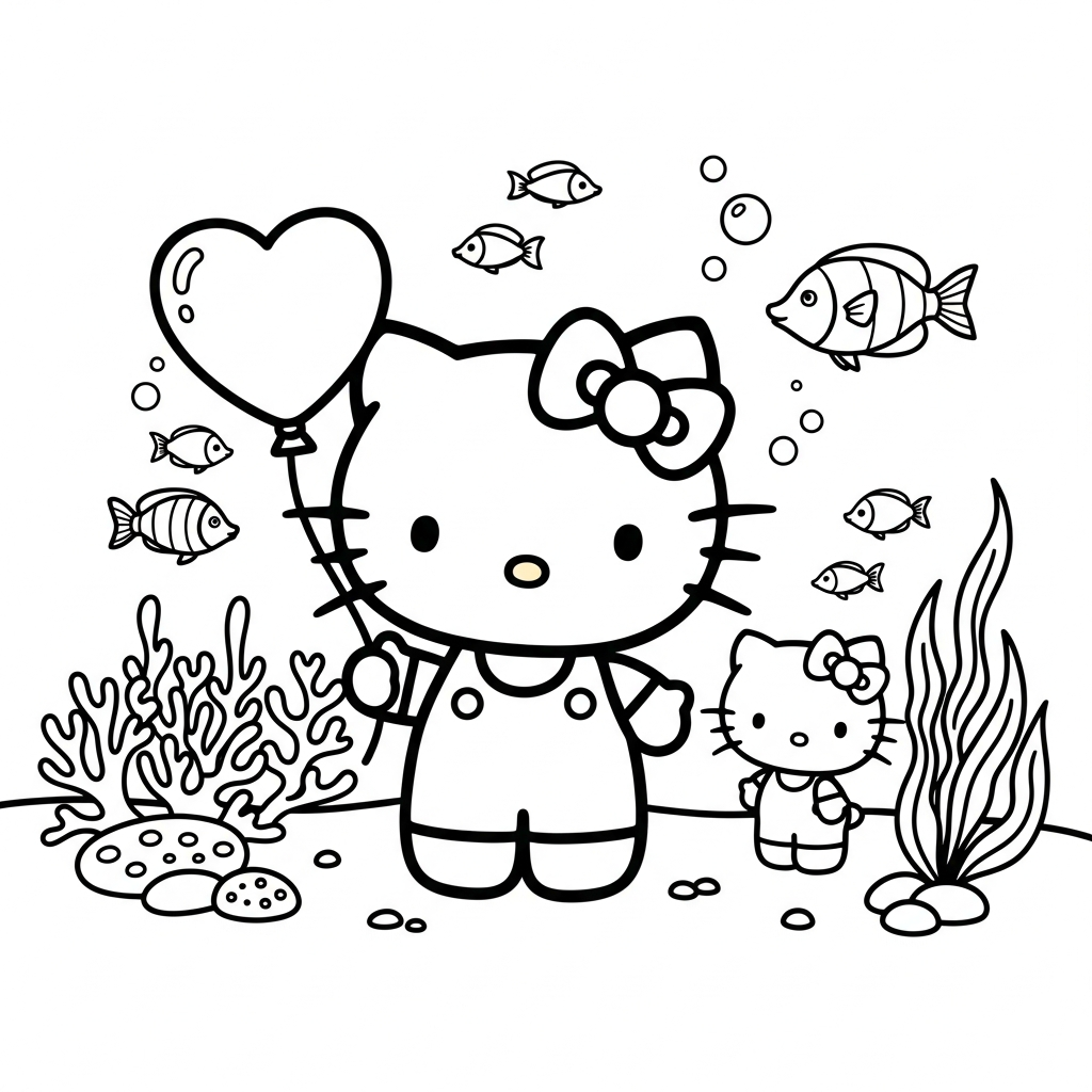 Desenho de Hello Kitty para colorir segurando balão de coração no fundo do mar.