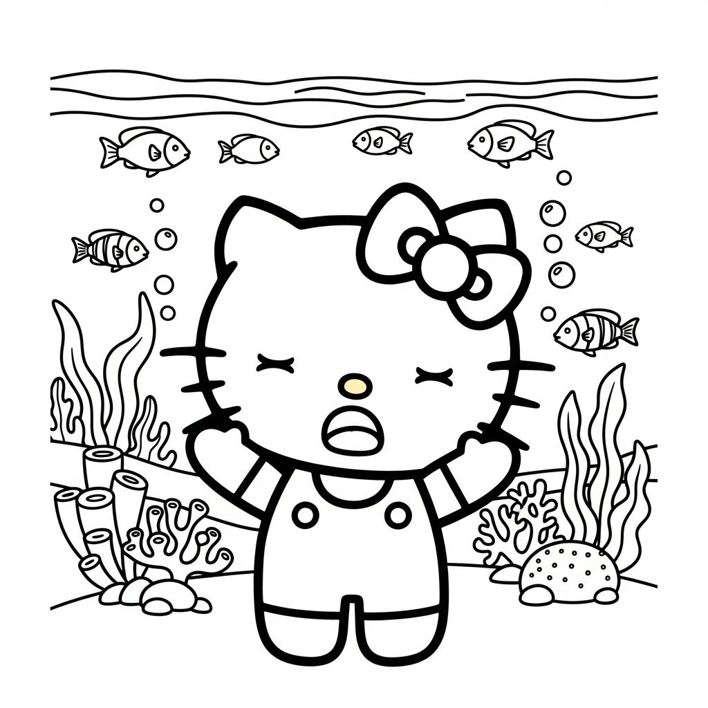 Desenho de Hello Kitty para colorir bocejando e se espreguiçando entre peixes e corais.