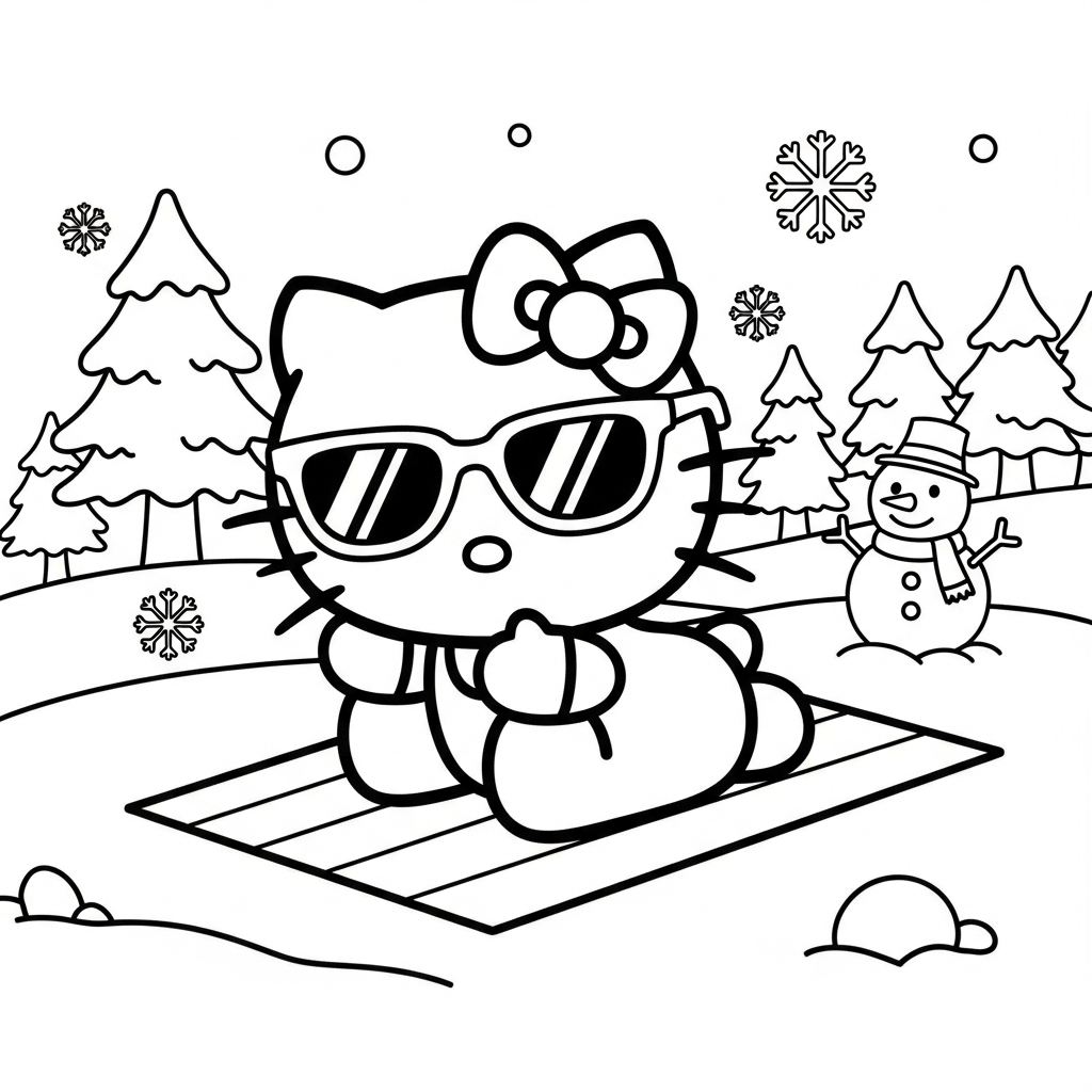 Desenho de Hello Kitty para colorir usando óculos de sol na praia nevada com pinheiros.