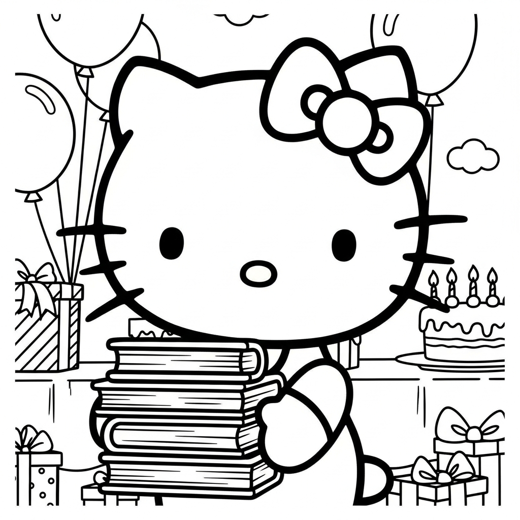 Desenho de Hello Kitty para colorir carregando livros em festa de aniversário