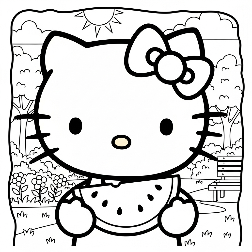Desenho de Hello Kitty para colorir segurando melancia em parque ensolarado com árvores