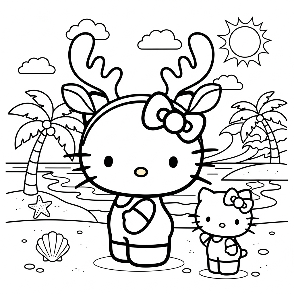 Desenho de Hello Kitty para colorir usando chifres de rena na praia com palmeiras