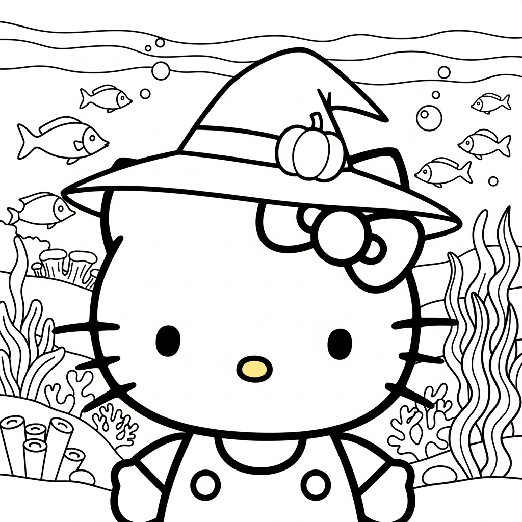 Desenho de Hello Kitty para colorir usando chapéu de bruxa no fundo do mar