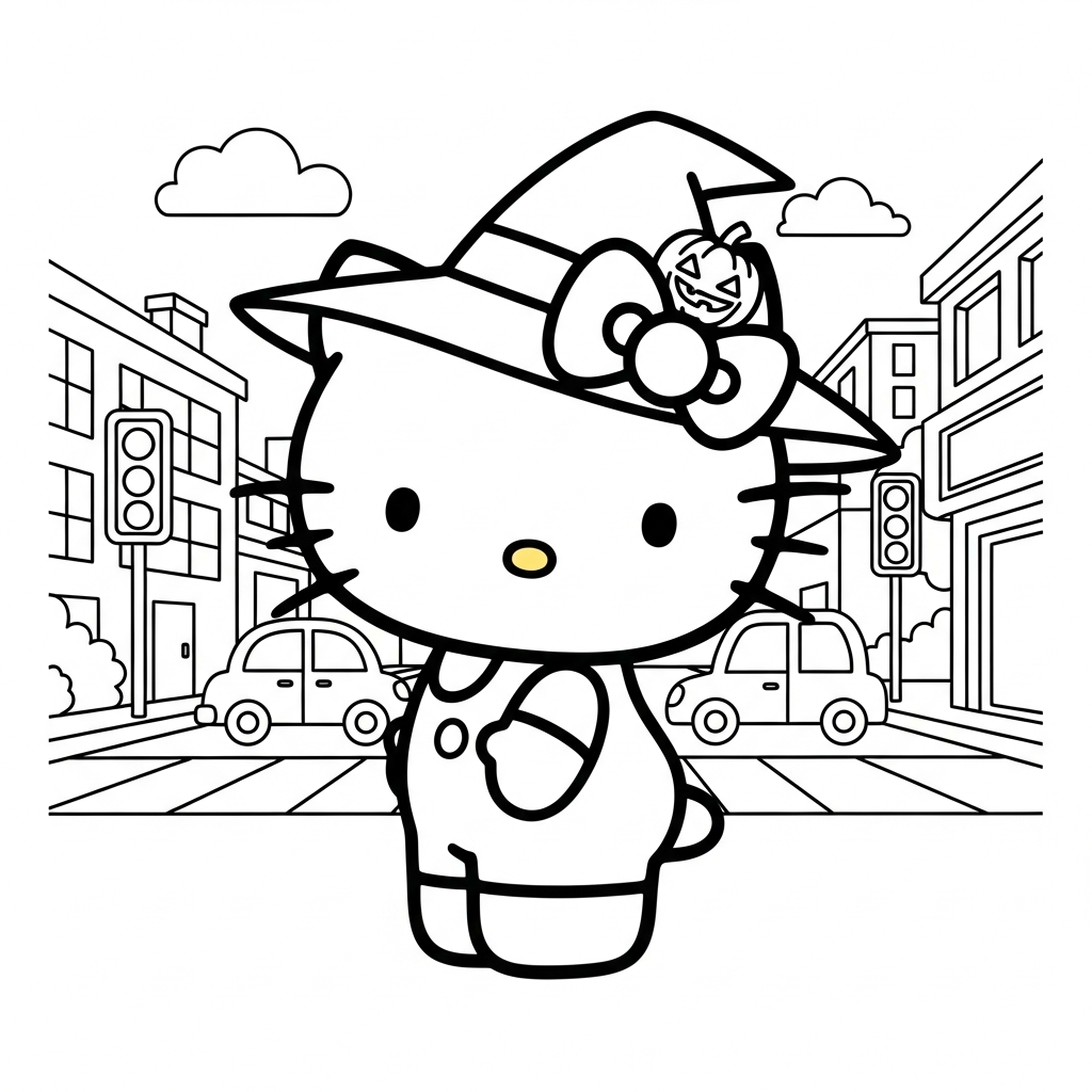 Desenho de Hello Kitty para colorir usando chapéu de bruxa na rua da cidade.