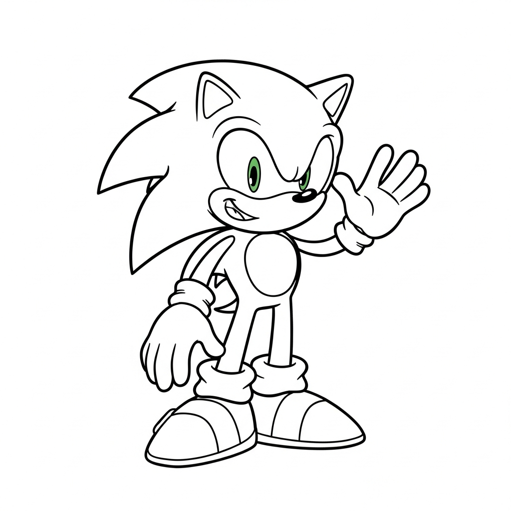 Desenho de Sonic para colorir em pé, acenando com sorriso alegre
