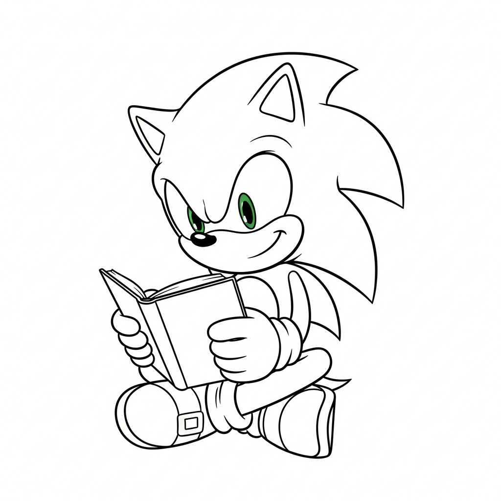 Desenho de Sonic para colorir sentado de pernas cruzadas lendo um livro