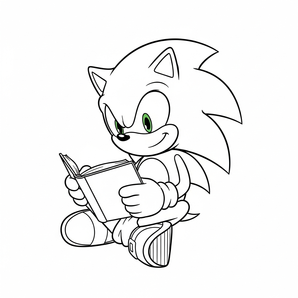 Desenho de Sonic para colorir sentado de pernas cruzadas lendo um livro