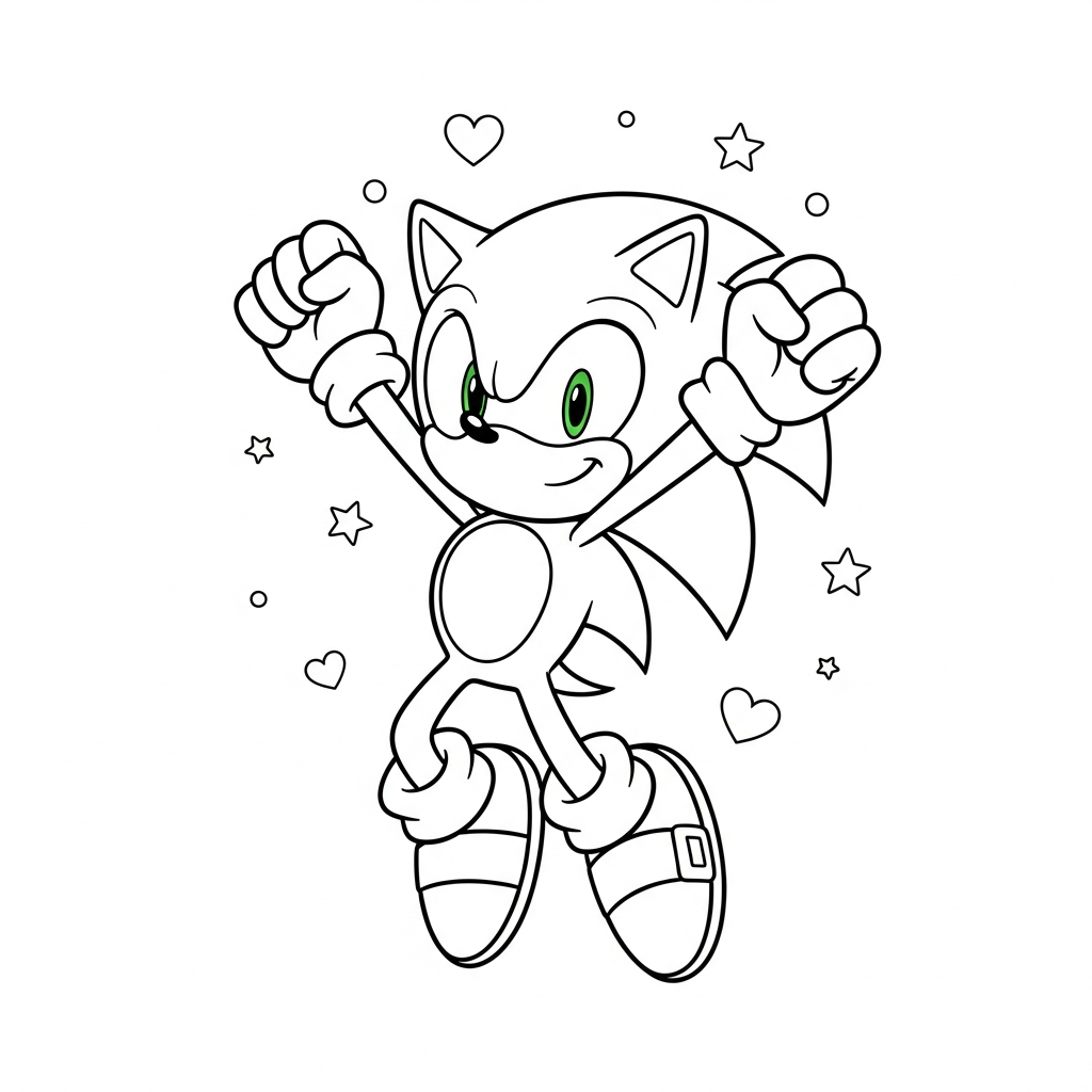 Desenho de Sonic para colorir pulando no ar com braços levantados, estrelinhas e corações.
