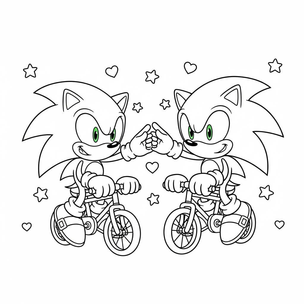 Desenho de Sonic para colorir andando de bicicleta pequena entre estrelinhas e corações
