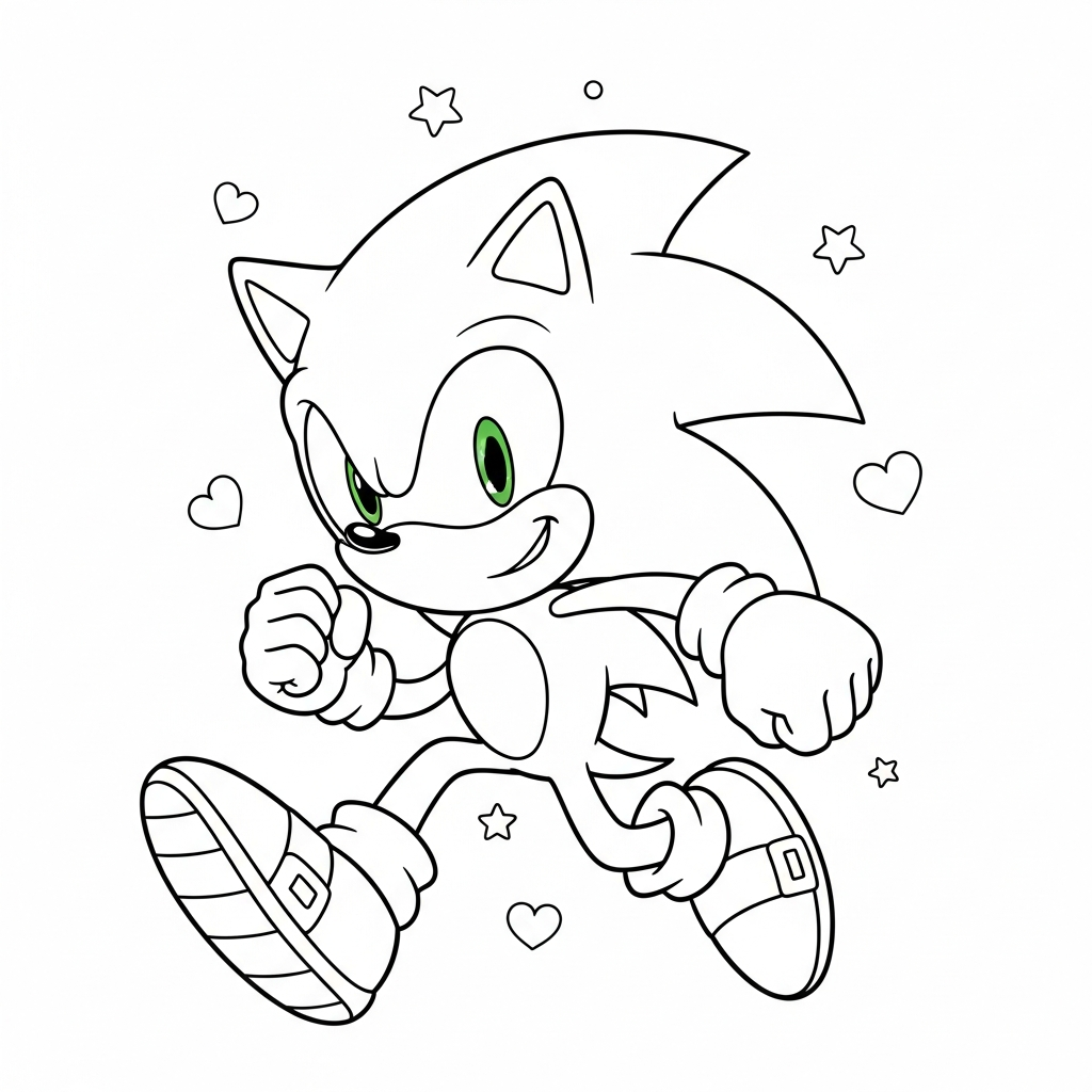 Desenho de Sonic para colorir correndo alegremente entre estrelinhas e corações decorativos.