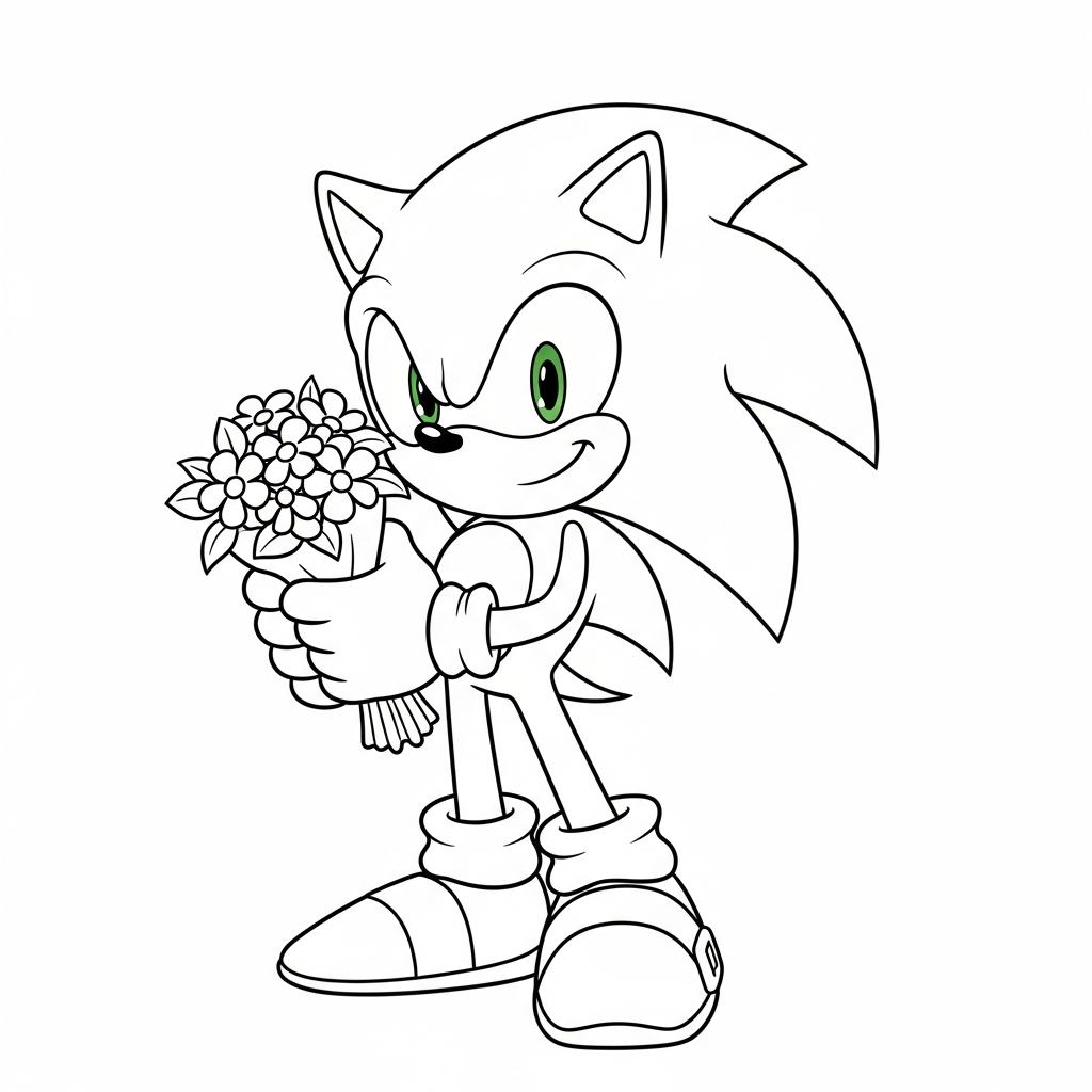 Desenho de Sonic para colorir segurando buquê de flores alegremente