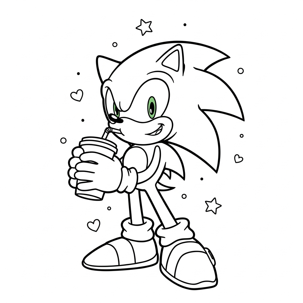 Desenho de Sonic para colorir bebendo em copo com canudo, estrelinhas e corações.