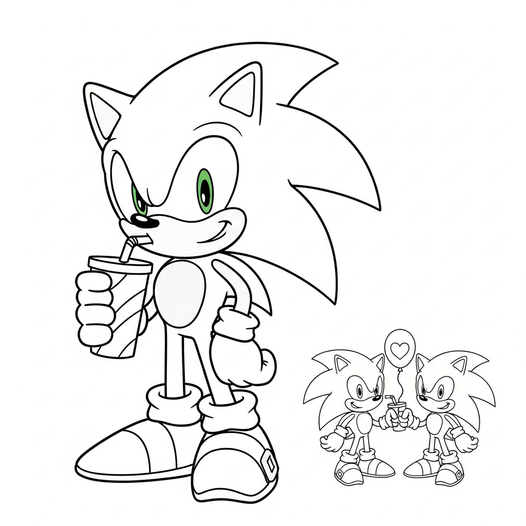 Desenho de Sonic para colorir bebendo em copo com canudo e moeda pequena.