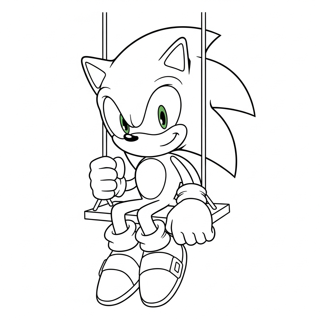 Desenho de sonic para colorir sentado em um balanço simples