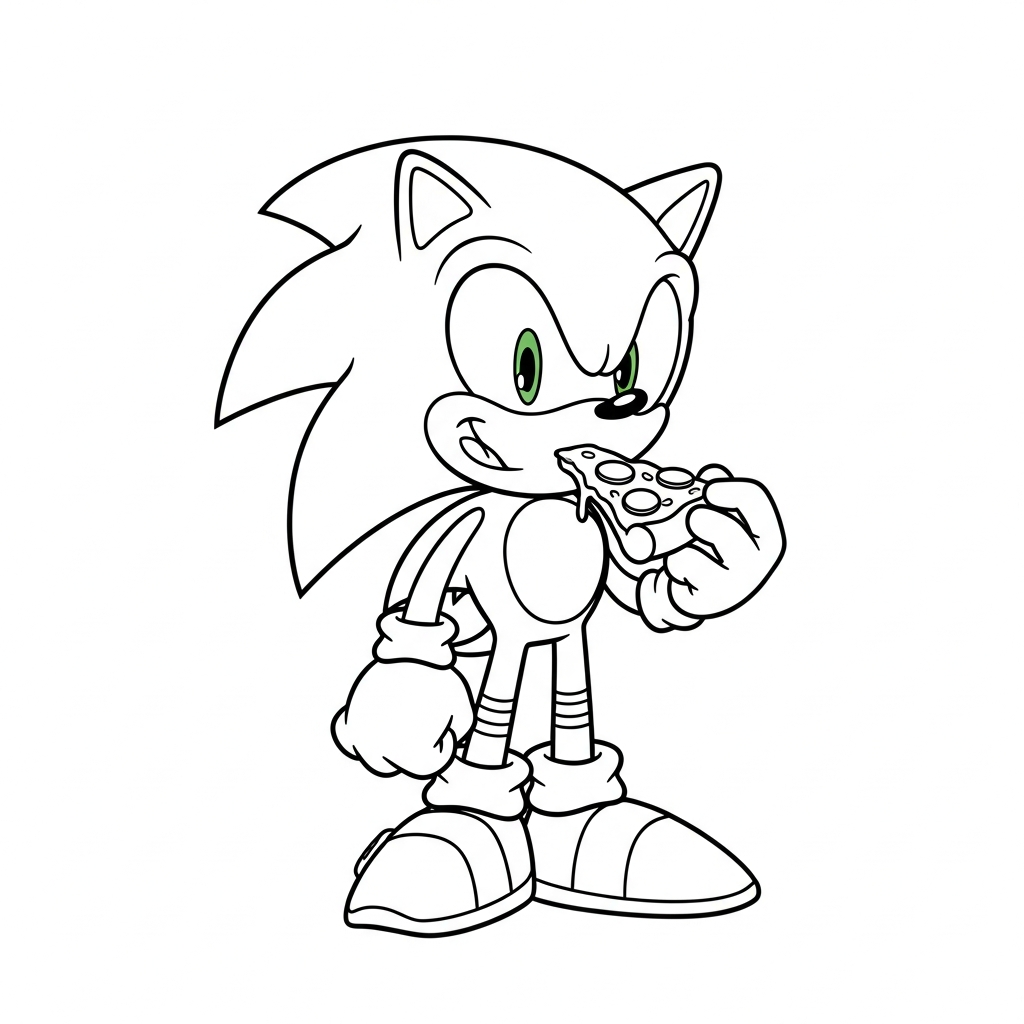Desenho de Sonic para colorir comendo uma fatia de pizza sorridente
