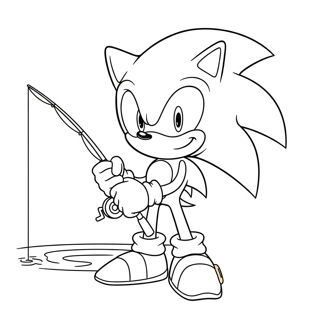 Desenho de Sonic para colorir pescando com uma vara tranquilamente