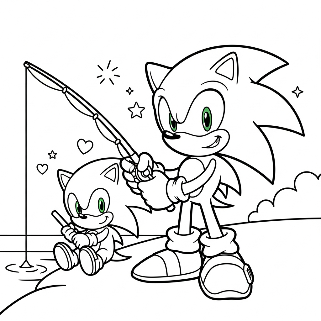 Desenho de Sonic para colorir pescando com vara entre estrelinhas e corações.
