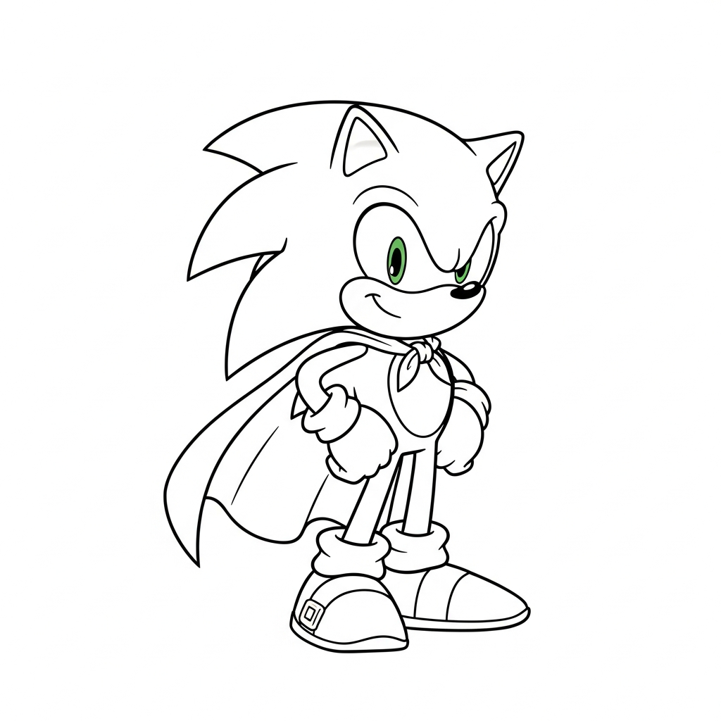 Desenho de Sonic para colorir usando capa de super-herói com mãos na cintura