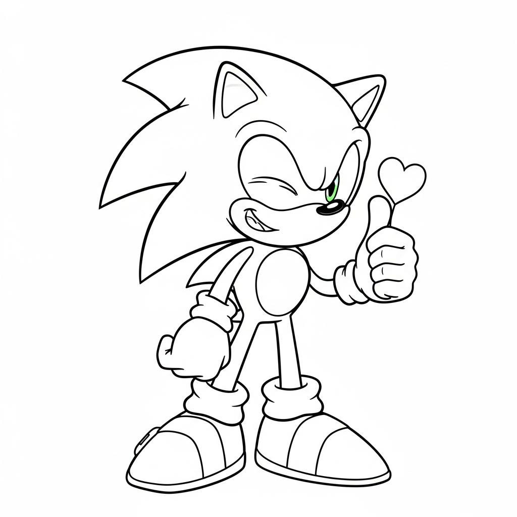 Desenho de Sonic para colorir piscando o olho com joinha e anel pequeno.