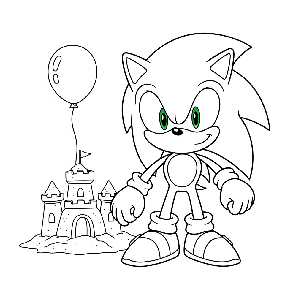 Desenho de sonic para colorir construindo castelo de areia com uma pazinha