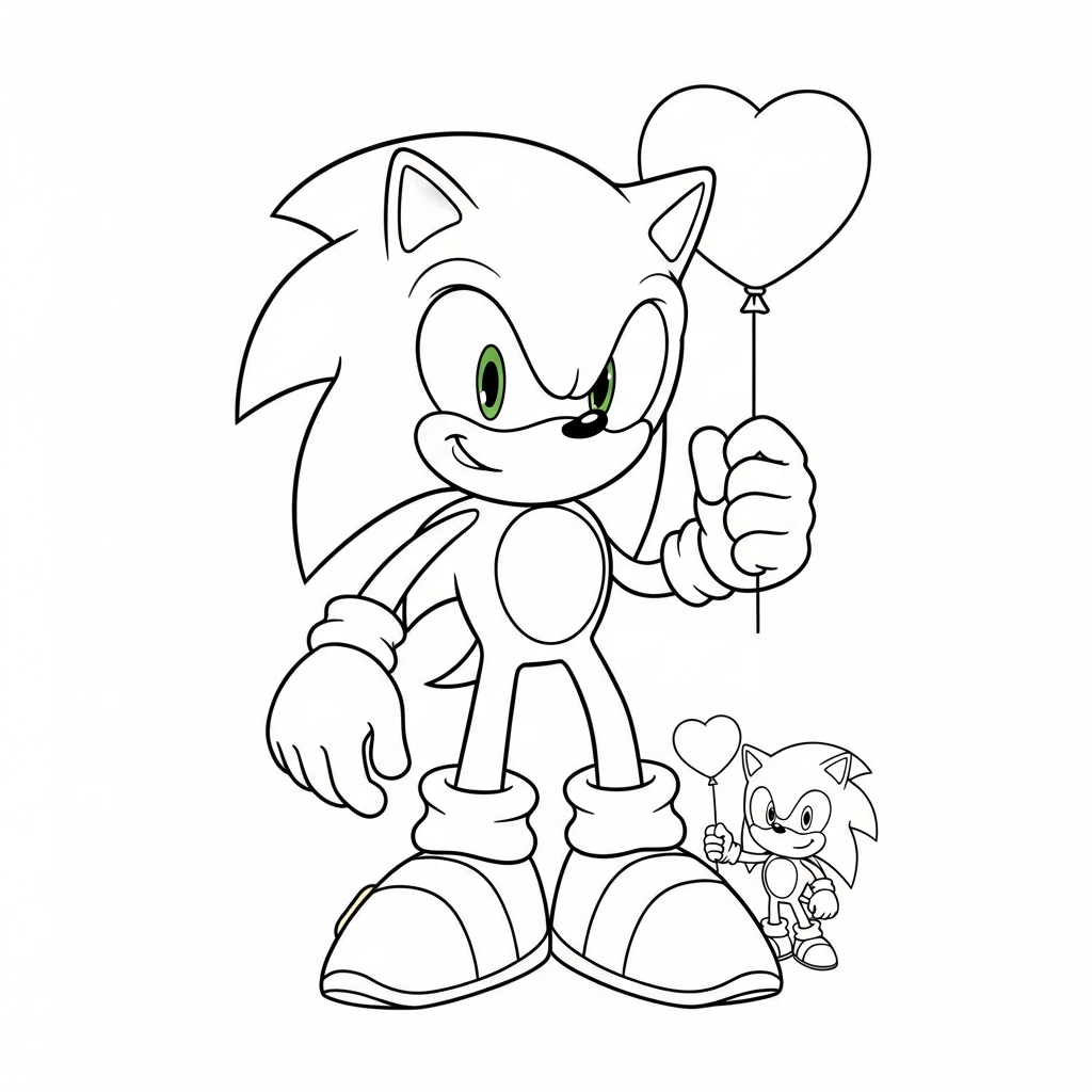 Desenho de Sonic para colorir segurando balão em forma de coração com flor.