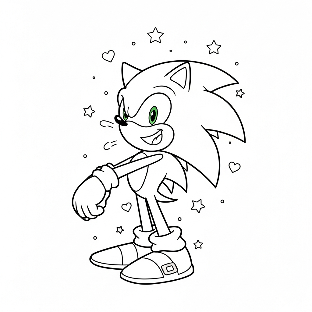 Desenho de Sonic para colorir bocejando e se espreguiçando com estrelinhas e corações