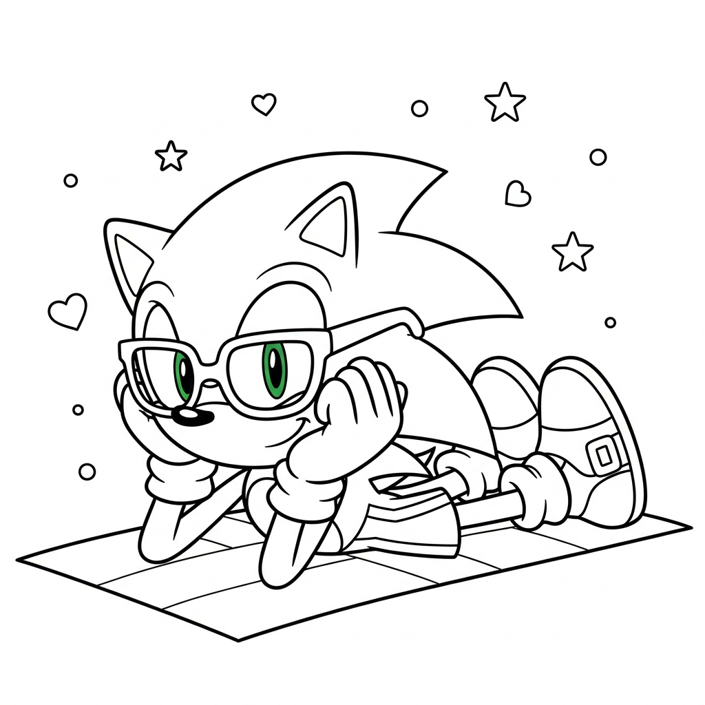 Desenho de Sonic para colorir usando óculos de sol na praia com estrelinhas e corações