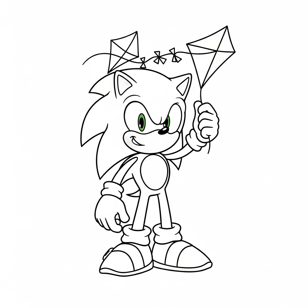 Desenho de Sonic para colorir segurando pipa no vento com pedrinha.
