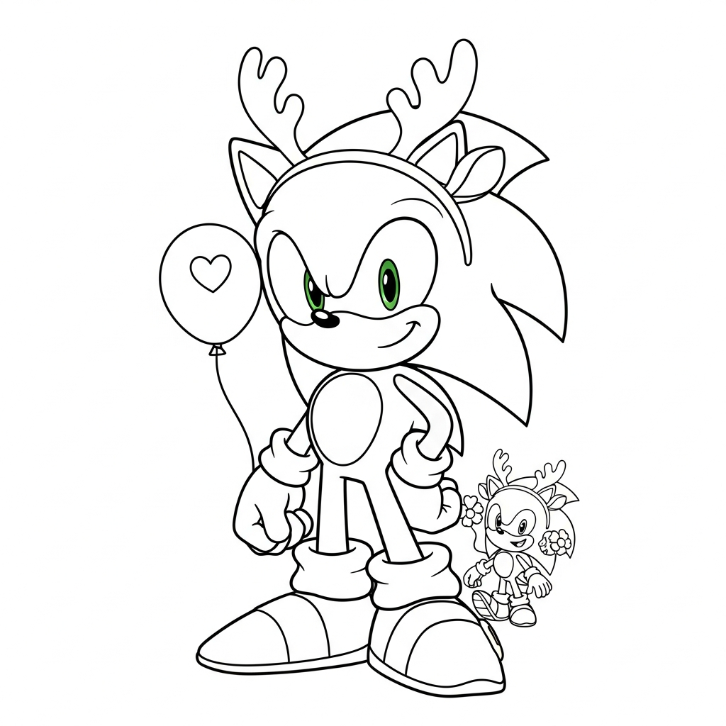 Desenho de Sonic para colorir usando chifres de rena com um presente pequeno.