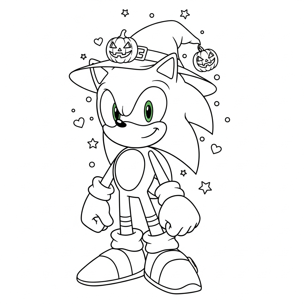 Desenho de Sonic para colorir usando chapéu de bruxa com estrelinhas e corações