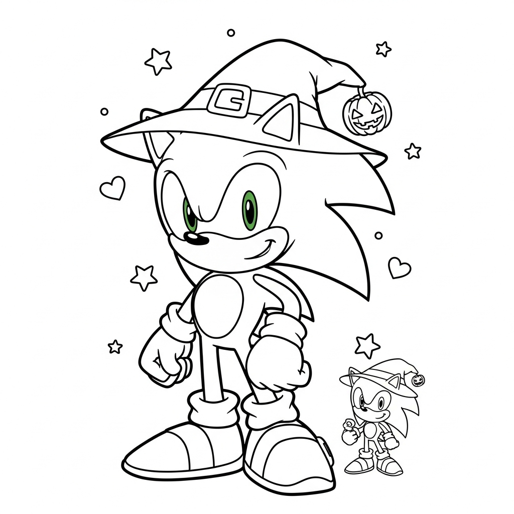 Desenho de Sonic para colorir usando chapéu de bruxa com estrelinhas e corações