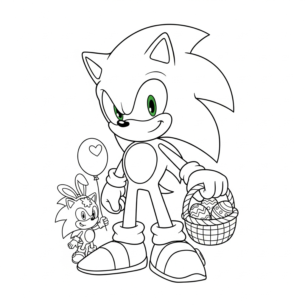 Desenho de Sonic para colorir segurando cesta de Páscoa com ovos e flor pequena