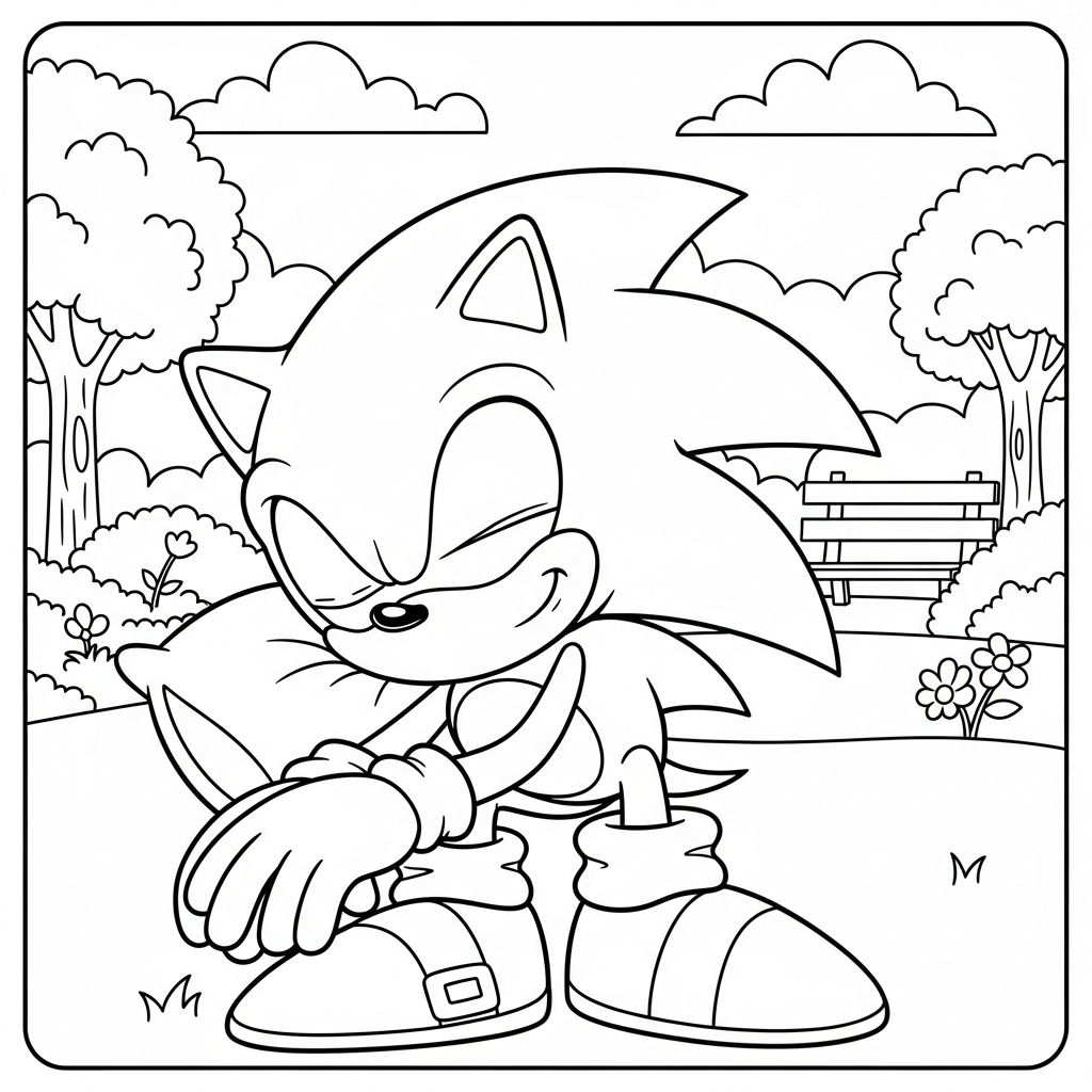 Desenho de Sonic para colorir dormindo com travesseiro em parque ensolarado com árvores