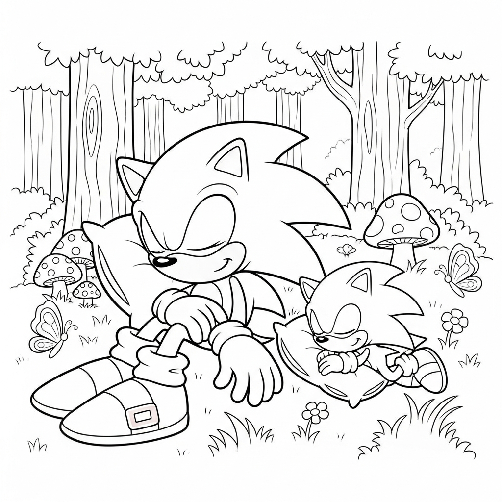 Desenho de Sonic para colorir dormindo com travesseiro na floresta com cogumelos e borboletas