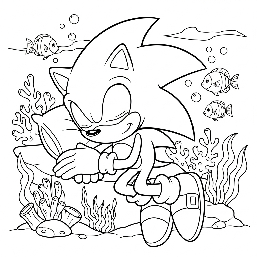 Desenho de Sonic para colorir dormindo com travesseiro no fundo do mar