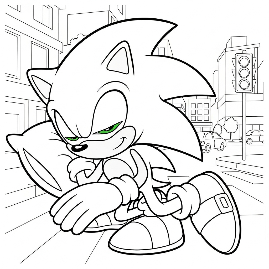 Desenho de Sonic para colorir dormindo com travesseiro em rua da cidade