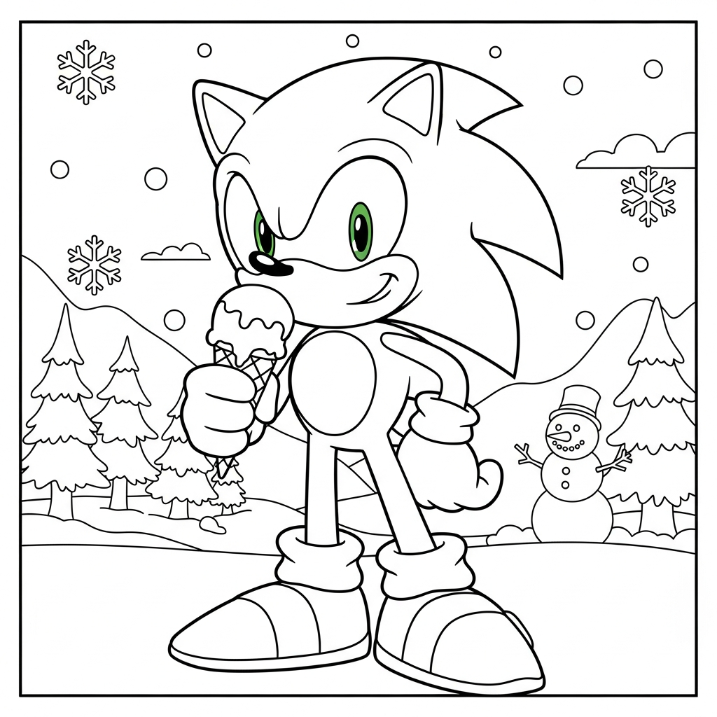 Desenho de sonic para colorir comendo casquinha de sorvete em paisagem nevada com pinheiros
