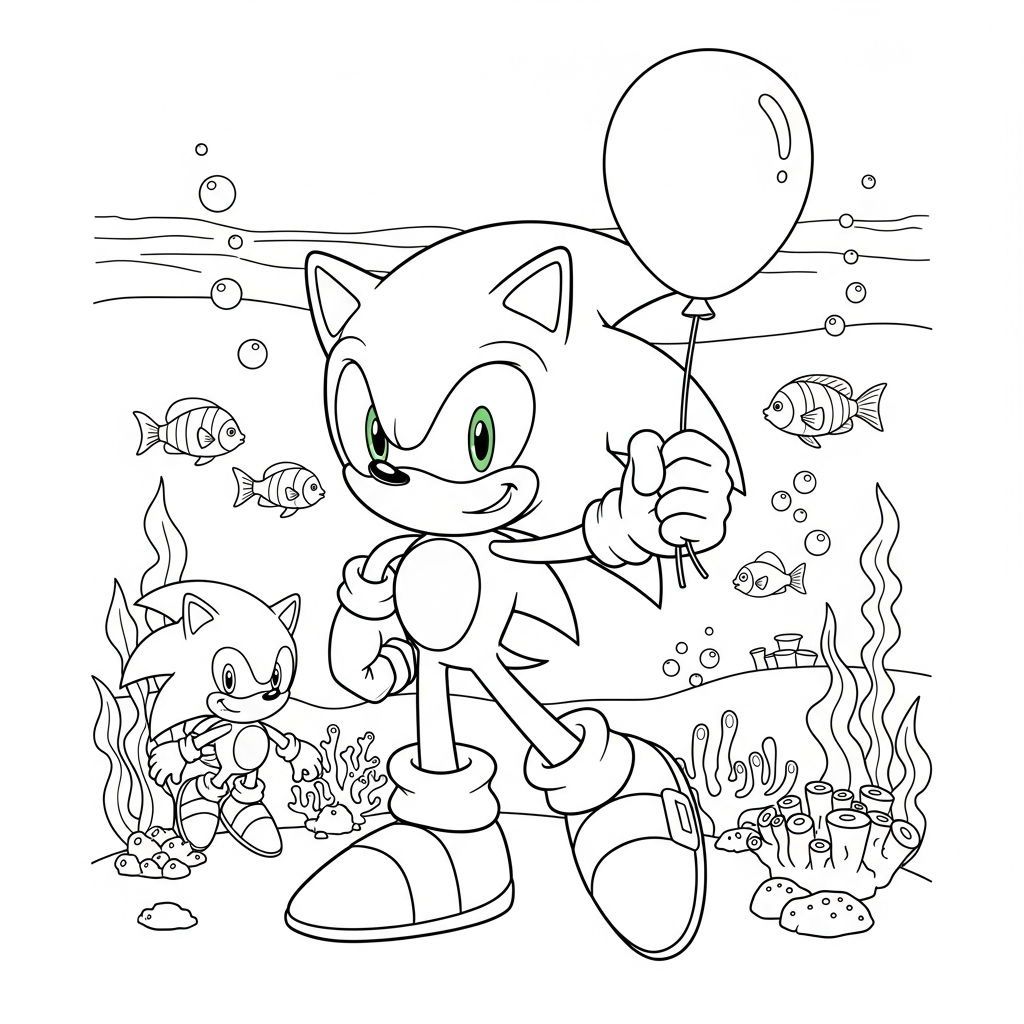 Desenho de Sonic para colorir segurando um balão no fundo do mar com peixes e corais.