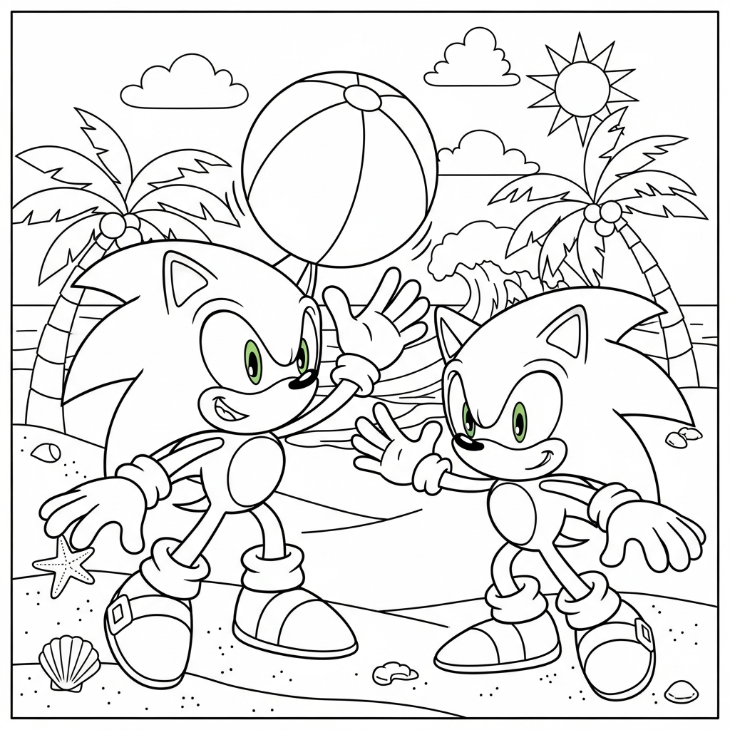 Desenho de Sonic para colorir brincando com bola de praia entre palmeiras