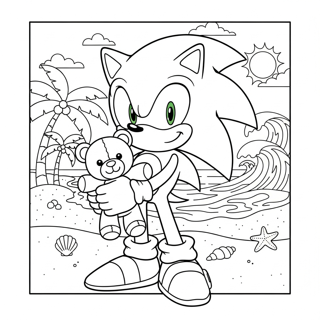Desenho de Sonic para colorir abraçando ursinho de pelúcia na praia com palmeiras.