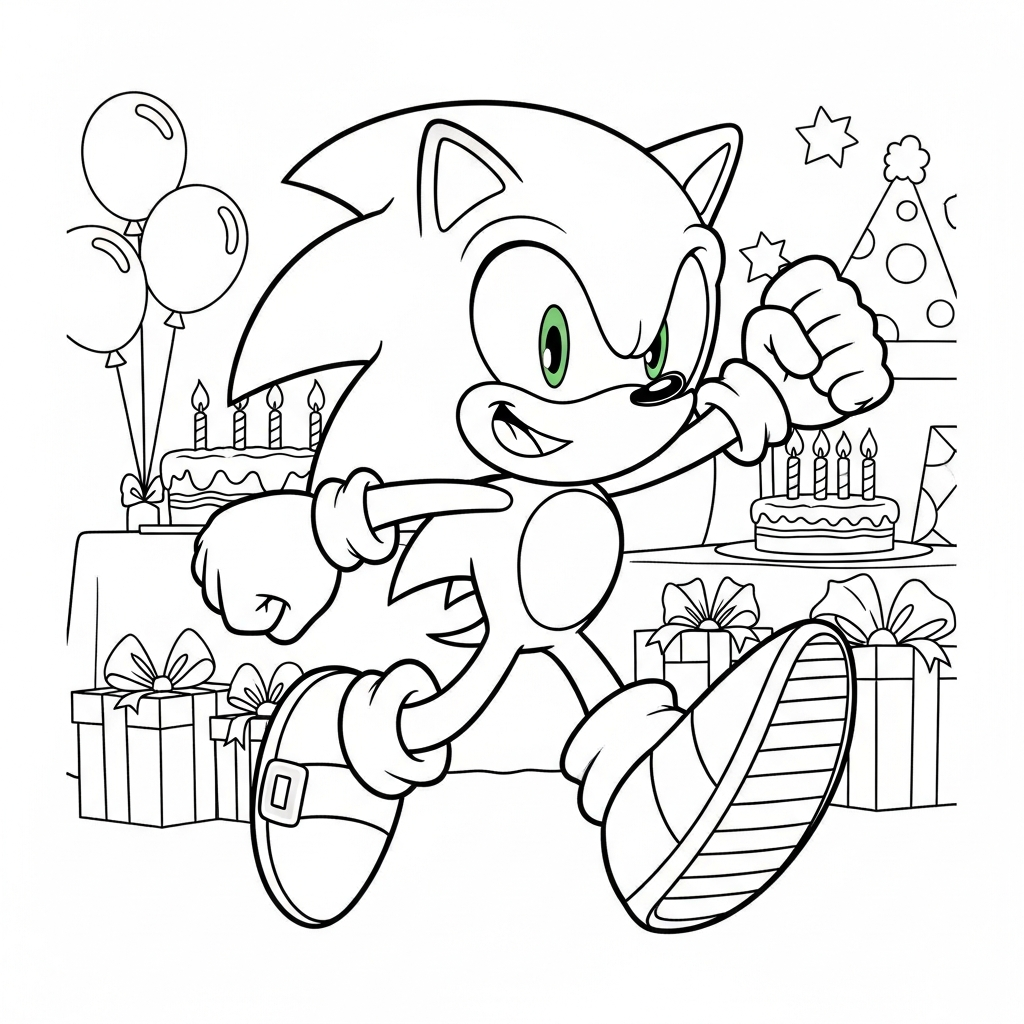 Desenho de Sonic para colorir correndo alegremente em uma festa de aniversário