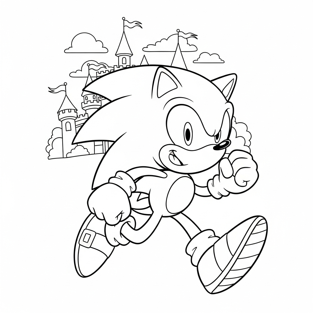 Desenho de Sonic para colorir correndo alegremente diante de castelo de conto de fadas