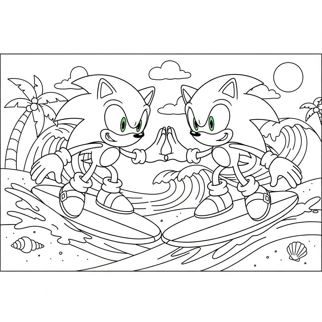 Desenho de Sonic para colorir surfando em uma onda na praia com palmeiras.